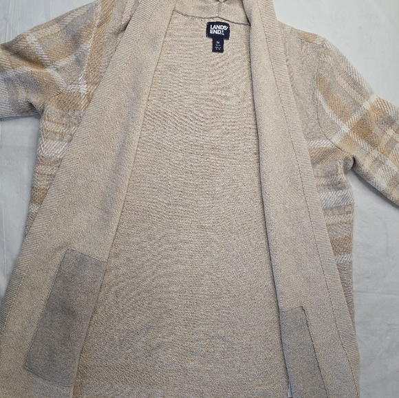 Lands' End Open Cardigan Sweater Beige Plaid Long Line Lightweight Cotton M - Picture 7 of 13